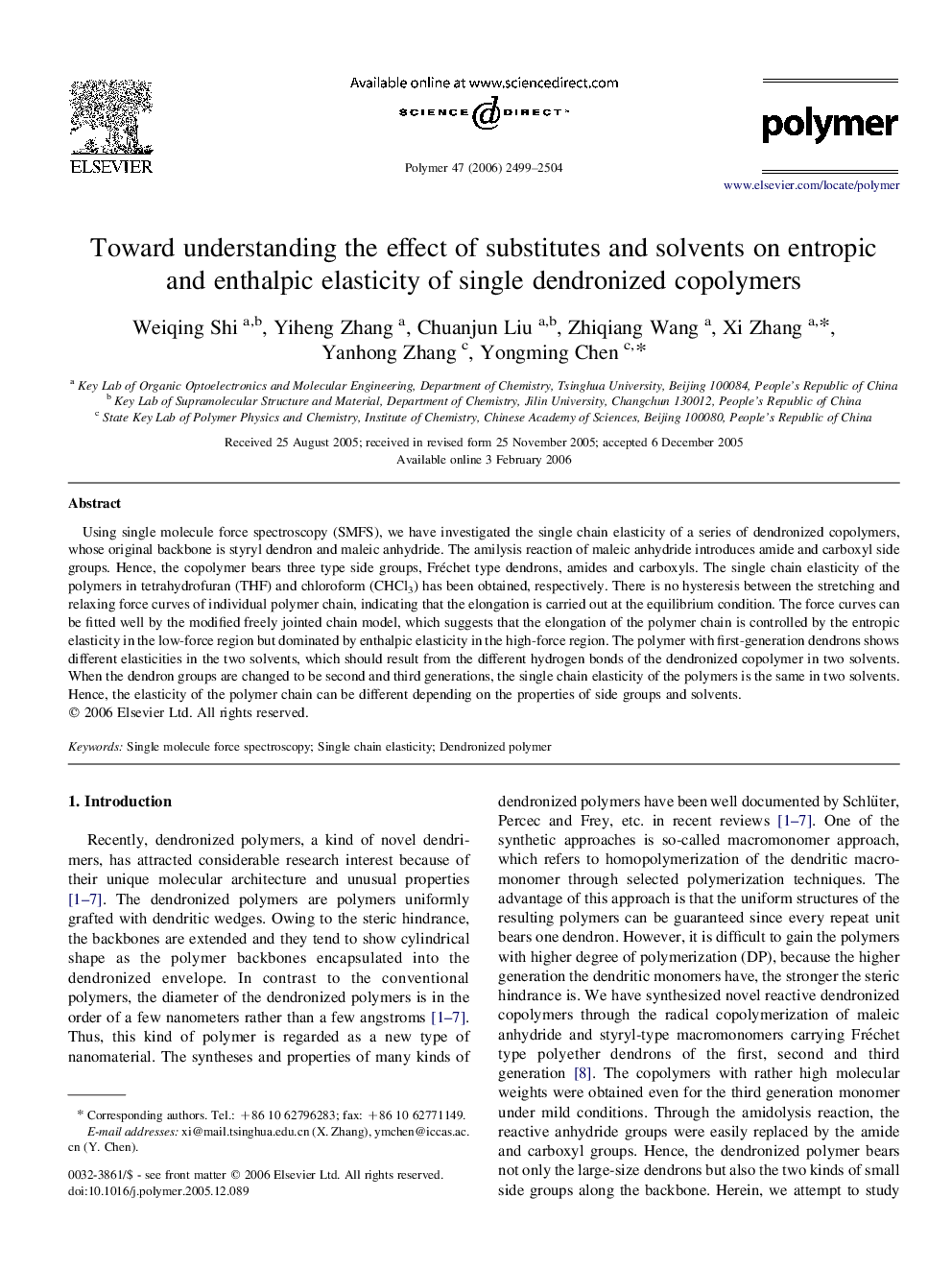 Toward understanding the effect of substitutes and solvents on entropic and enthalpic elasticity of single dendronized copolymers