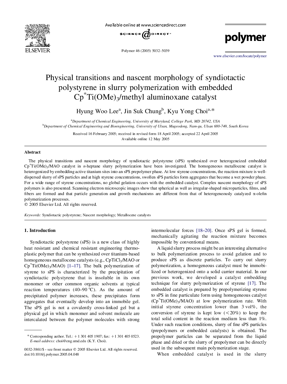 Physical transitions and nascent morphology of syndiotactic polystyrene in slurry polymerization with embedded Cp*Ti(OMe)3/methyl aluminoxane catalyst