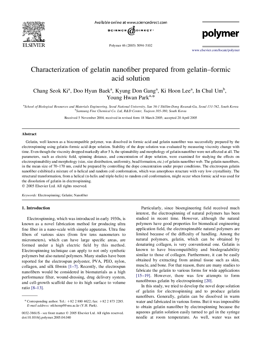 Characterization of gelatin nanofiber prepared from gelatin-formic acid solution