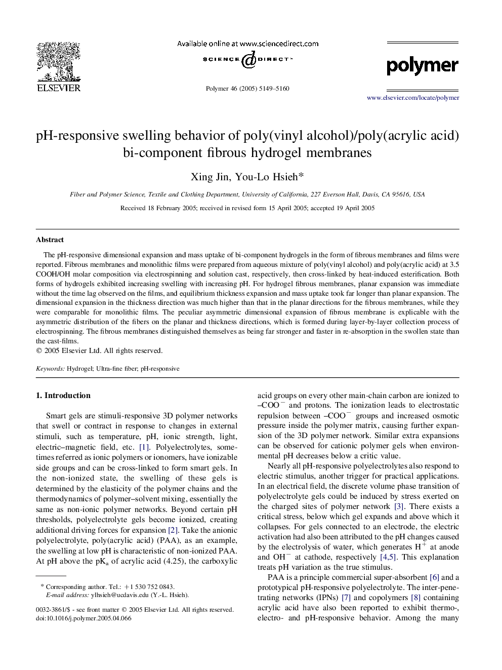 pH-responsive swelling behavior of poly(vinyl alcohol)/poly(acrylic acid) bi-component fibrous hydrogel membranes