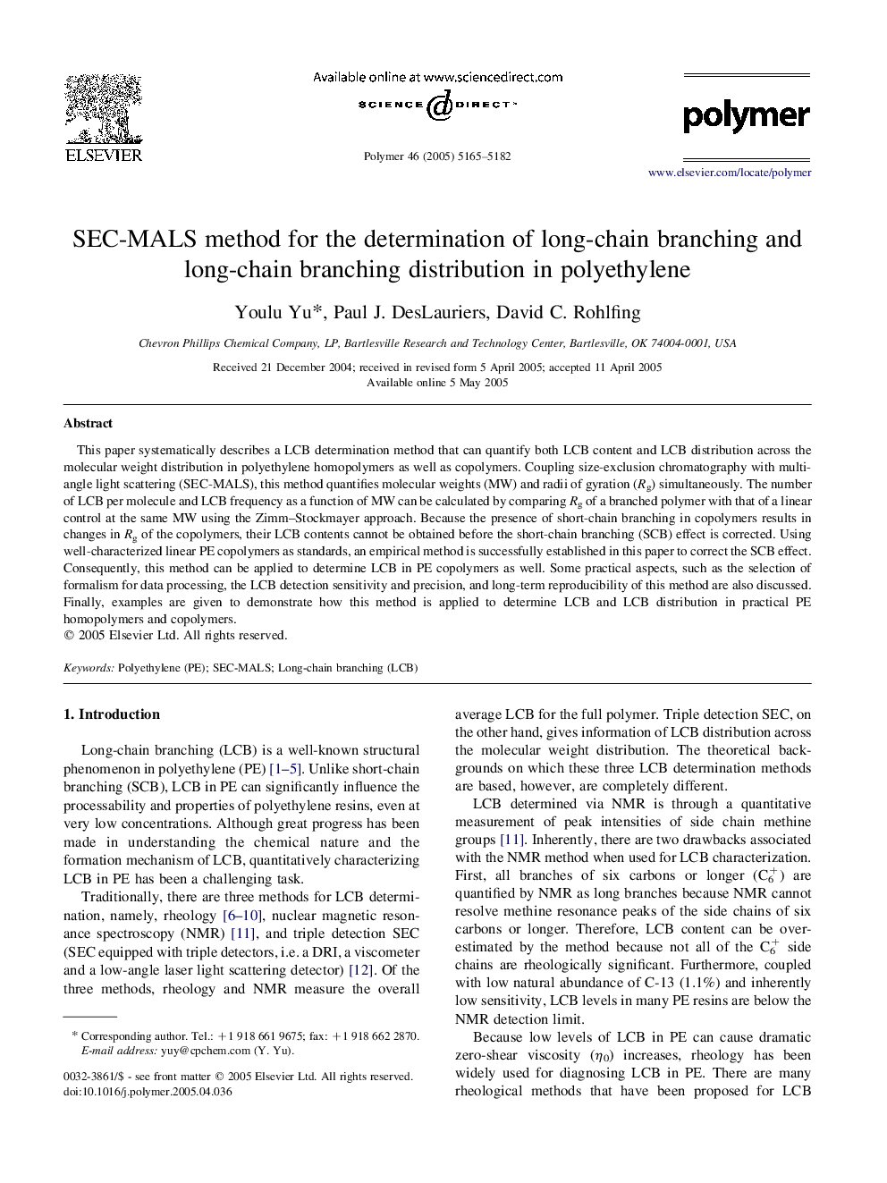 SEC-MALS method for the determination of long-chain branching and long-chain branching distribution in polyethylene