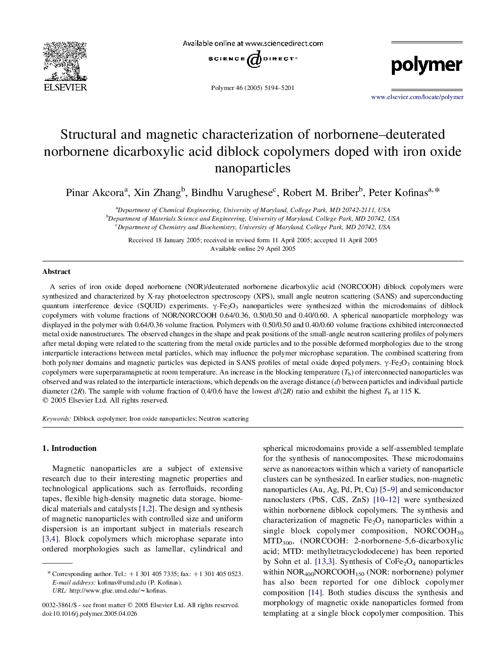 Structural and magnetic characterization of norbornene-deuterated norbornene dicarboxylic acid diblock copolymers doped with iron oxide nanoparticles