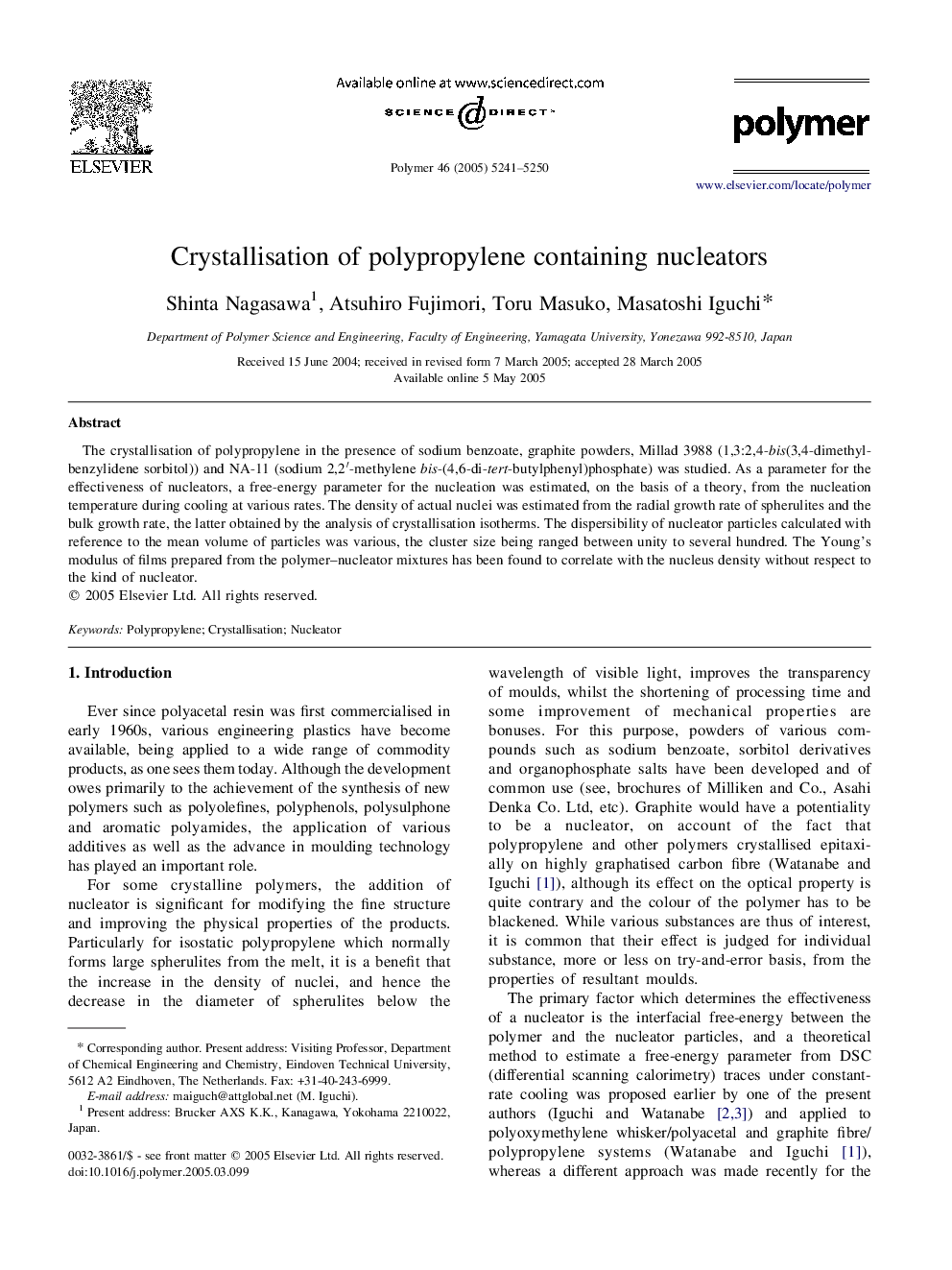 Crystallisation of polypropylene containing nucleators