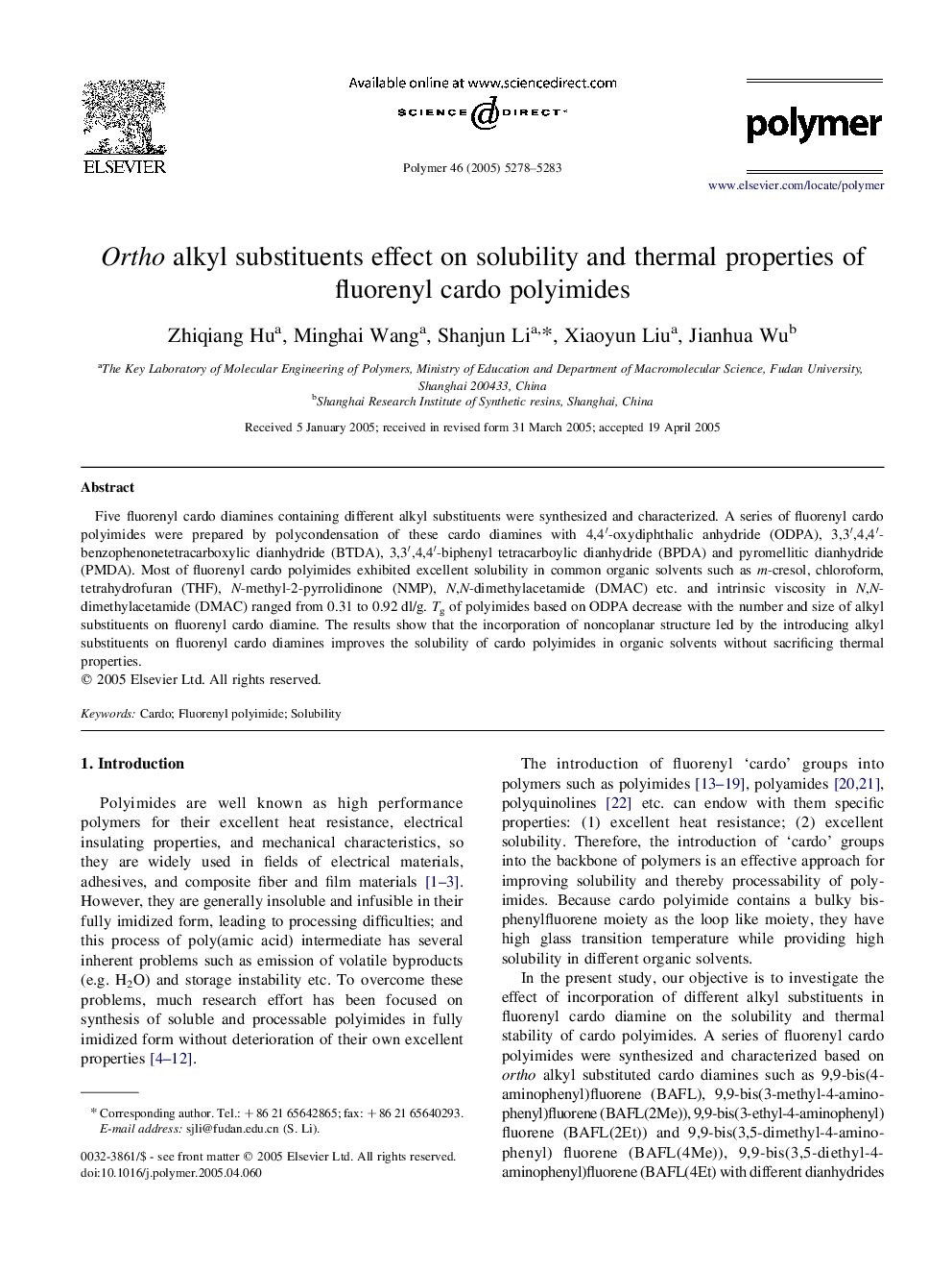 Ortho alkyl substituents effect on solubility and thermal properties of fluorenyl cardo polyimides