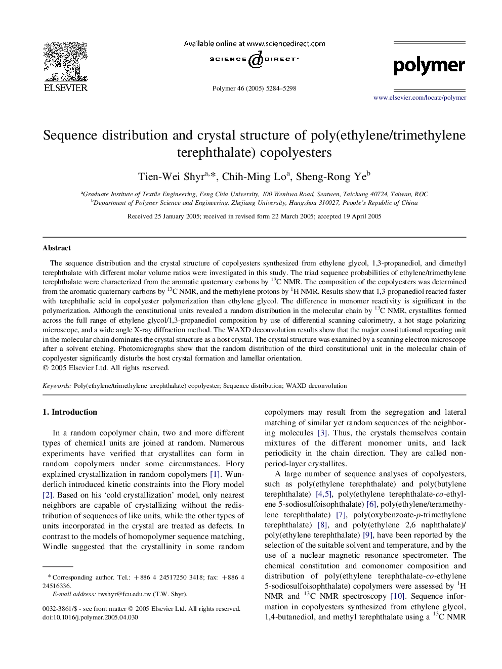 Sequence distribution and crystal structure of poly(ethylene/trimethylene terephthalate) copolyesters
