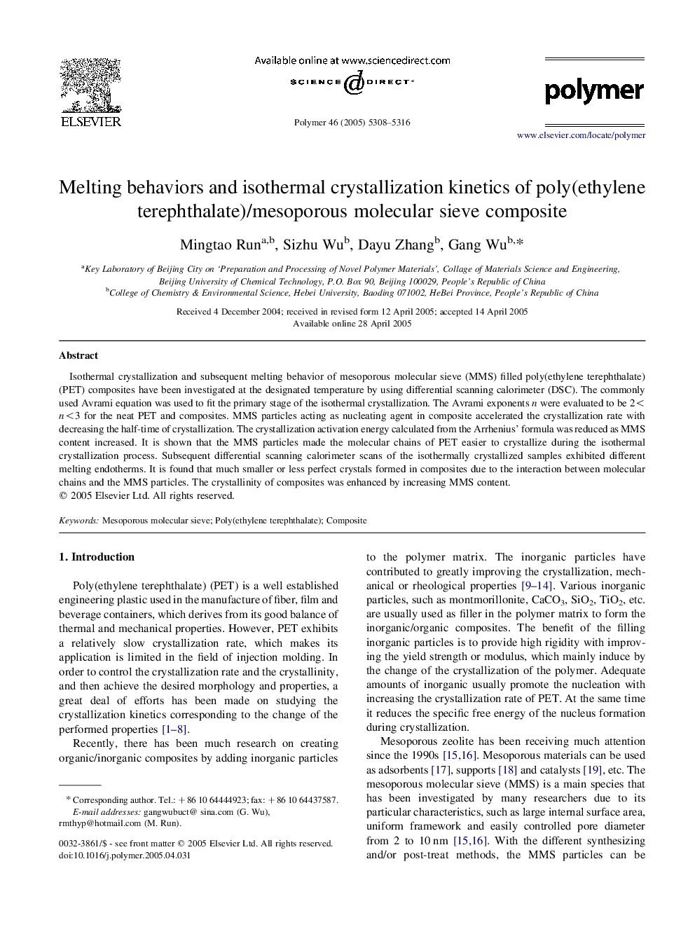 Melting behaviors and isothermal crystallization kinetics of poly(ethylene terephthalate)/mesoporous molecular sieve composite