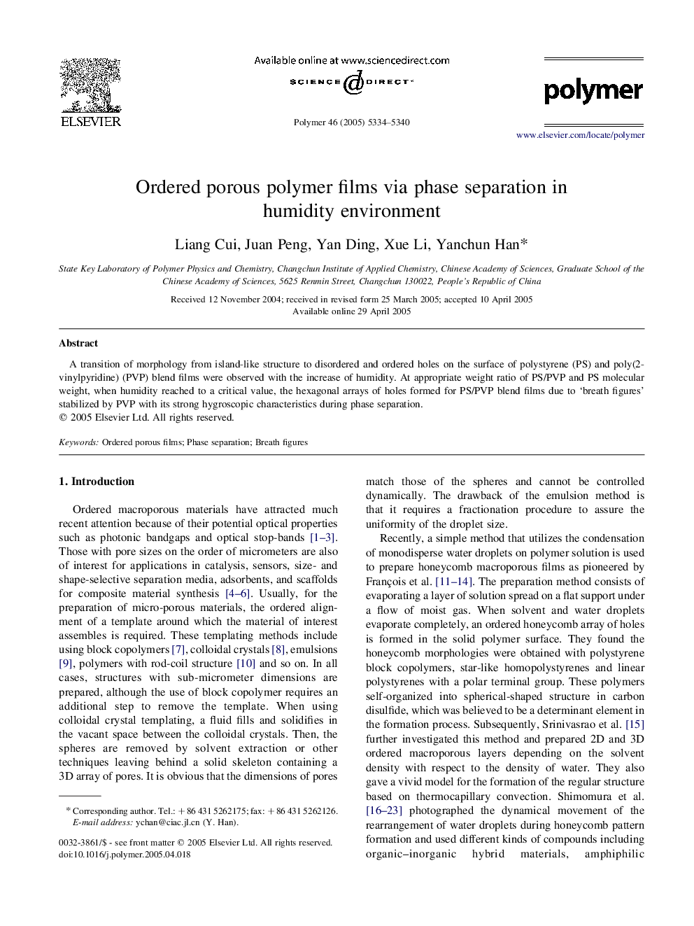 Ordered porous polymer films via phase separation in humidity environment