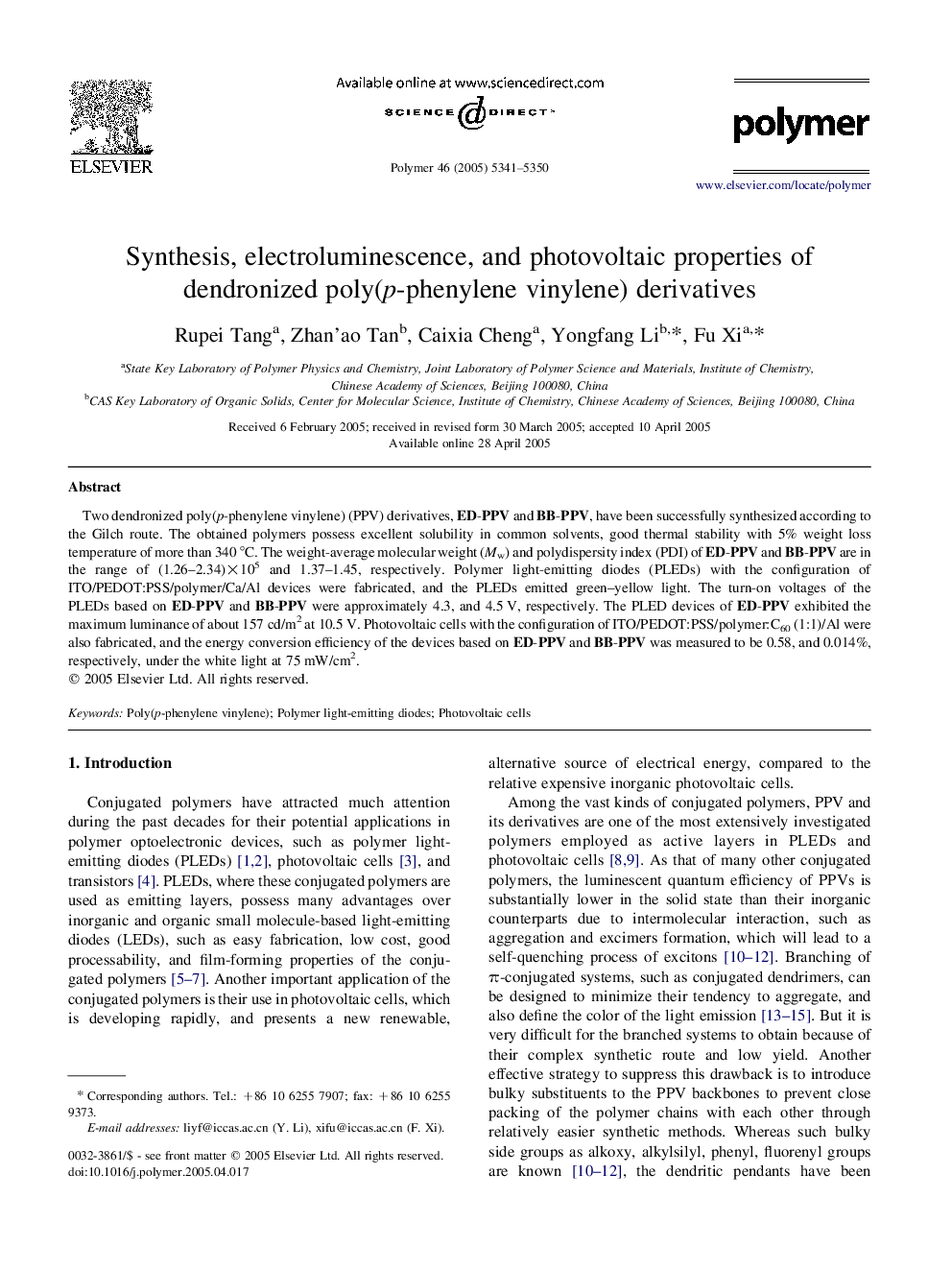 Synthesis, electroluminescence, and photovoltaic properties of dendronized poly(p-phenylene vinylene) derivatives