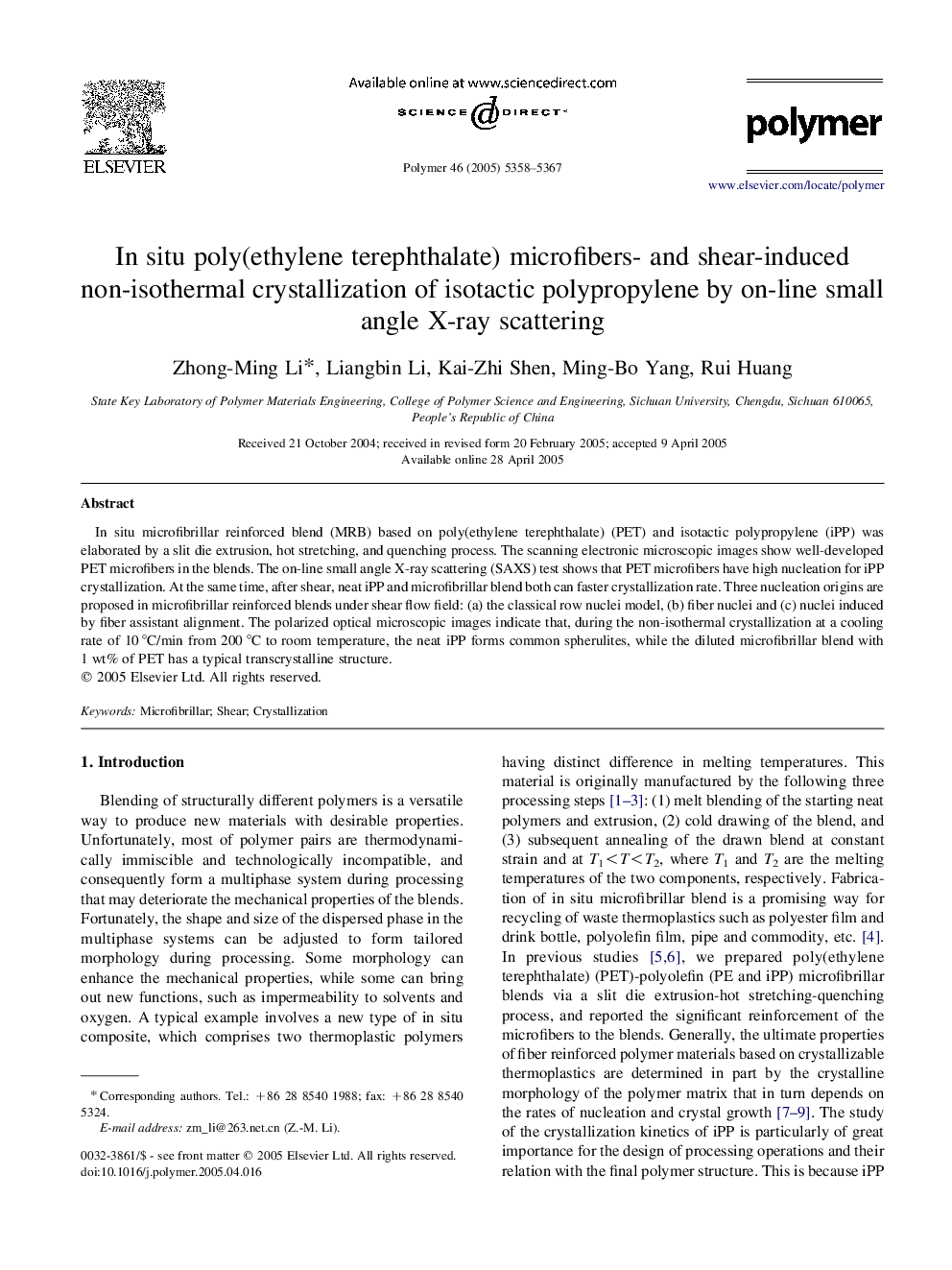 In situ poly(ethylene terephthalate) microfibers- and shear-induced non-isothermal crystallization of isotactic polypropylene by on-line small angle X-ray scattering