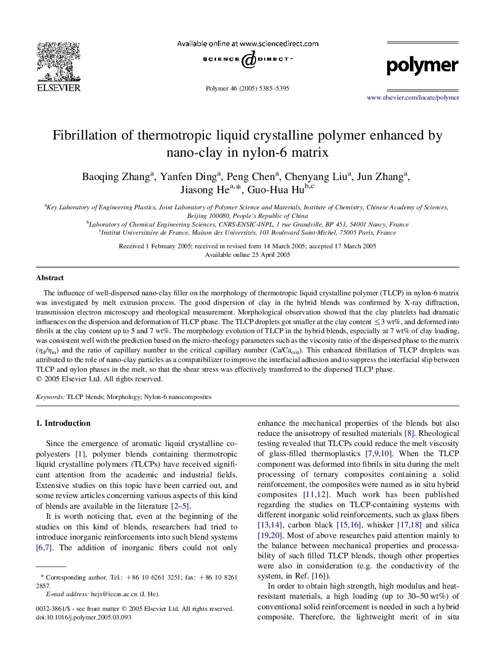 Fibrillation of thermotropic liquid crystalline polymer enhanced by nano-clay in nylon-6 matrix