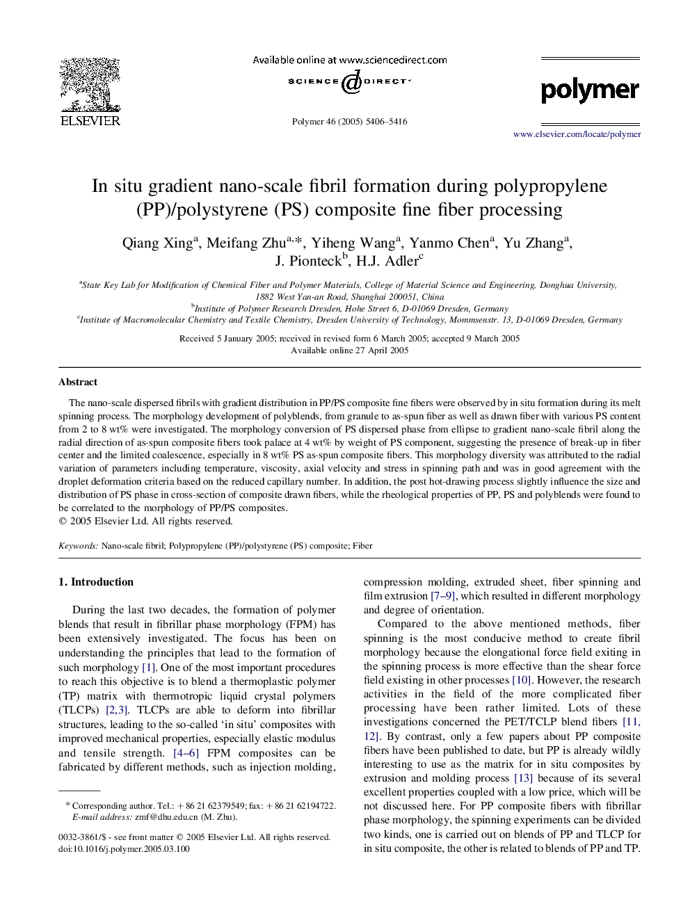 In situ gradient nano-scale fibril formation during polypropylene (PP)/polystyrene (PS) composite fine fiber processing