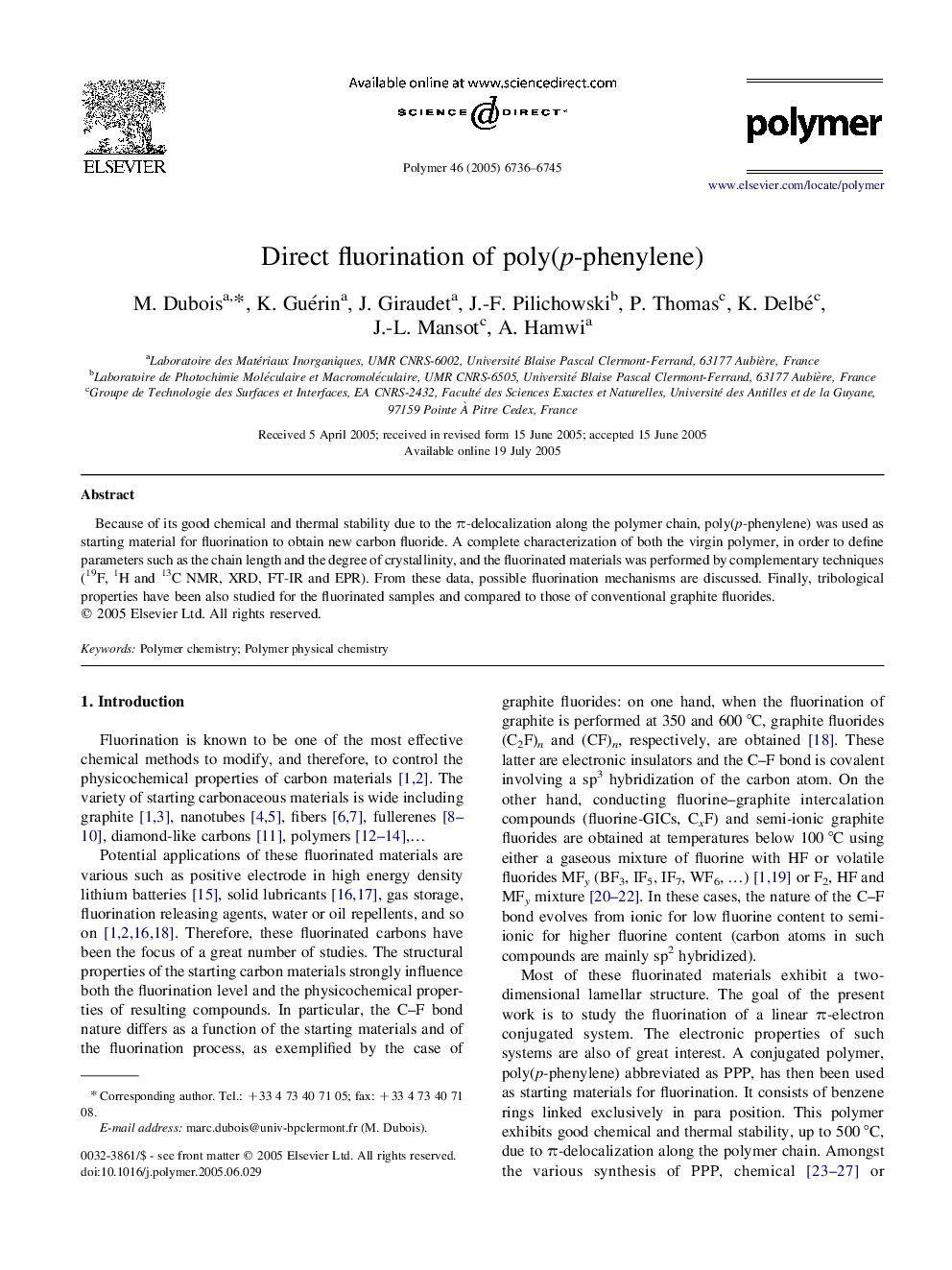 Direct fluorination of poly(p-phenylene)