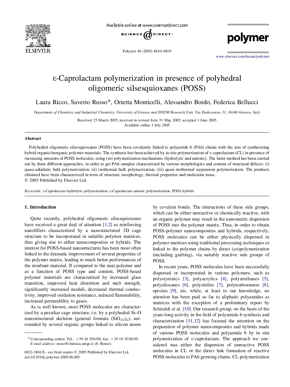 Îµ-Caprolactam polymerization in presence of polyhedral oligomeric silsesquioxanes (POSS)