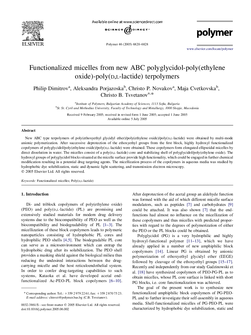 Functionalized micelles from new ABC polyglycidol-poly(ethylene oxide)-poly(d,l-lactide) terpolymers