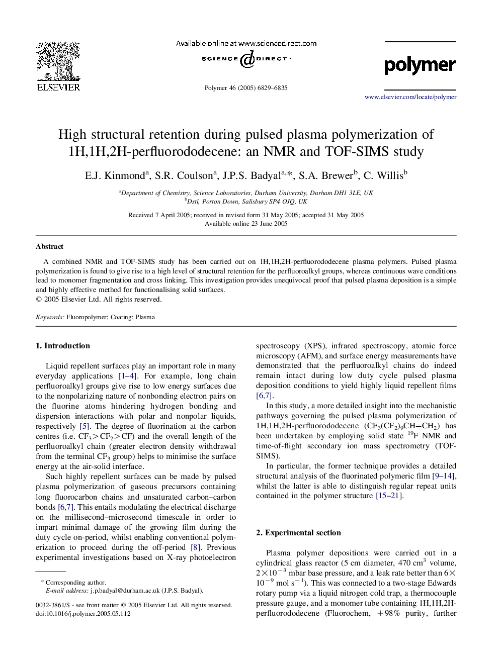 High structural retention during pulsed plasma polymerization of 1H,1H,2H-perfluorododecene: an NMR and TOF-SIMS study