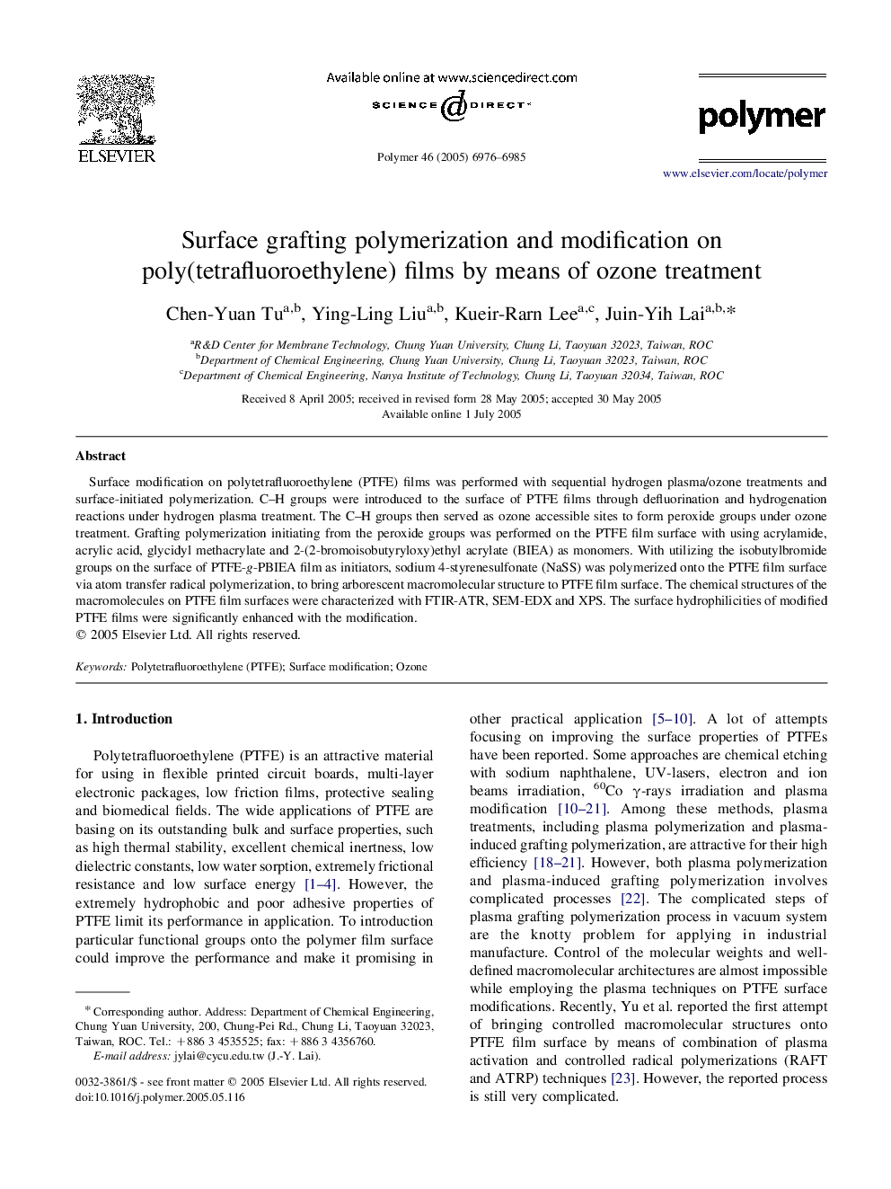 Surface grafting polymerization and modification on poly(tetrafluoroethylene) films by means of ozone treatment