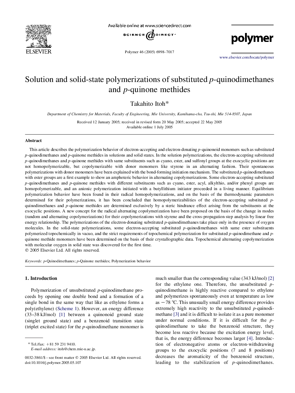 Solution and solid-state polymerizations of substituted p-quinodimethanes and p-quinone methides