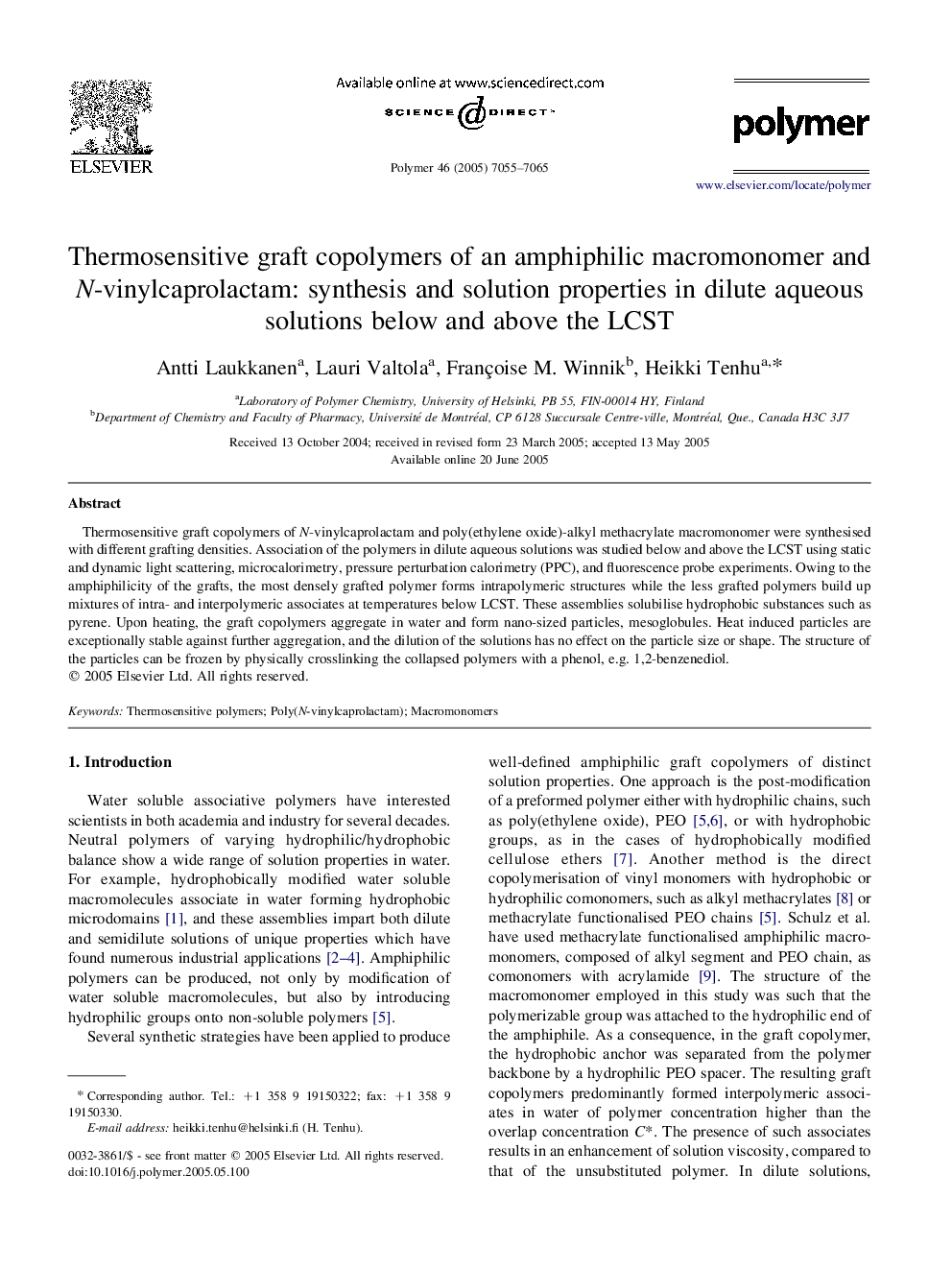 Thermosensitive graft copolymers of an amphiphilic macromonomer and N-vinylcaprolactam: synthesis and solution properties in dilute aqueous solutions below and above the LCST