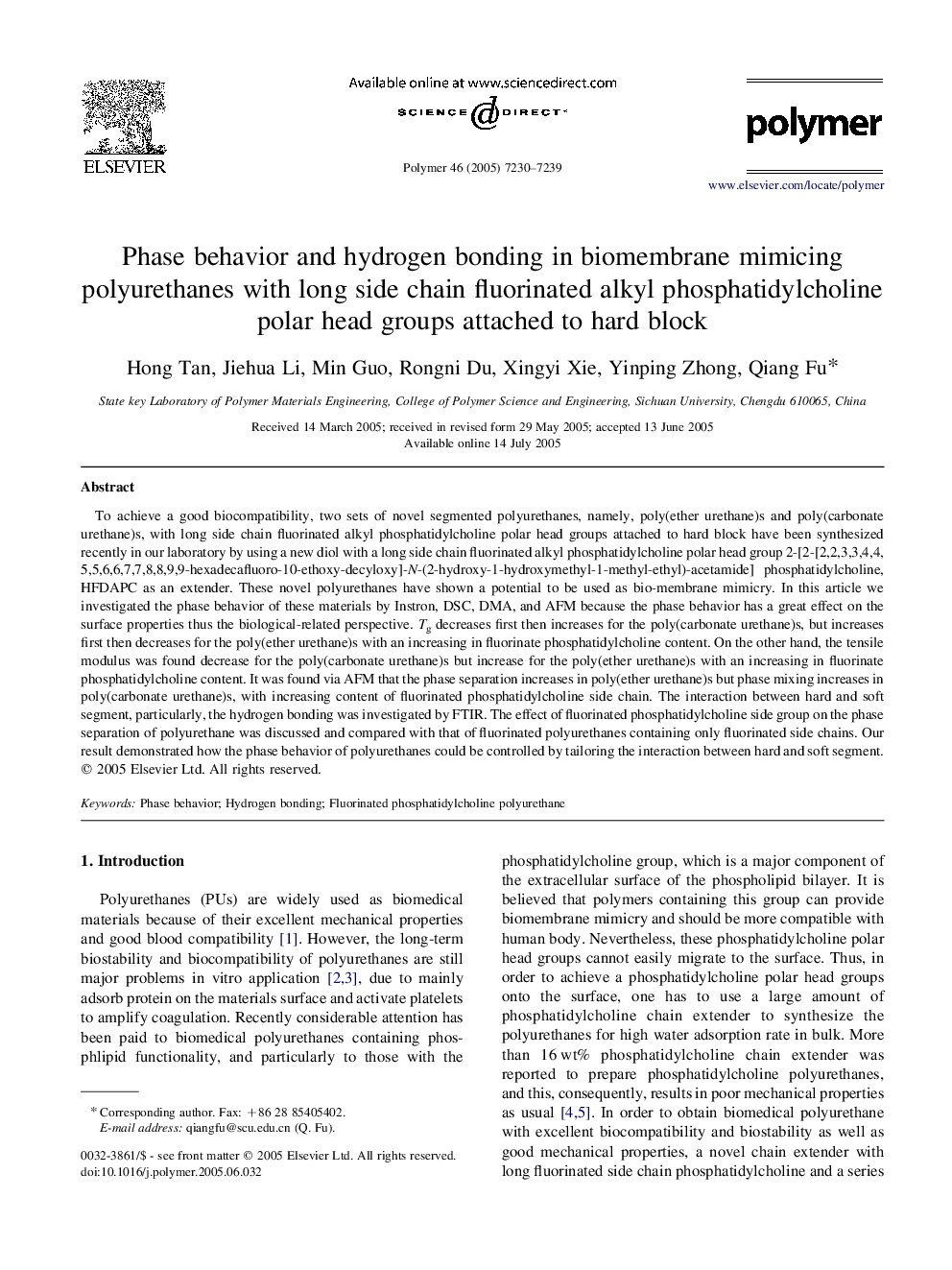 Phase behavior and hydrogen bonding in biomembrane mimicing polyurethanes with long side chain fluorinated alkyl phosphatidylcholine polar head groups attached to hard block