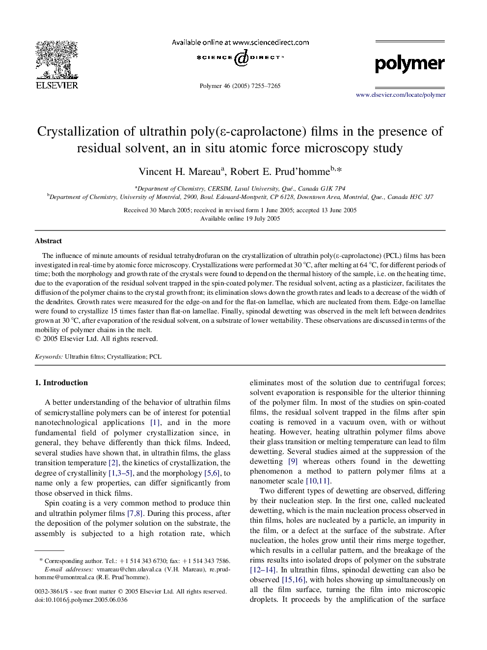 Crystallization of ultrathin poly(Îµ-caprolactone) films in the presence of residual solvent, an in situ atomic force microscopy study