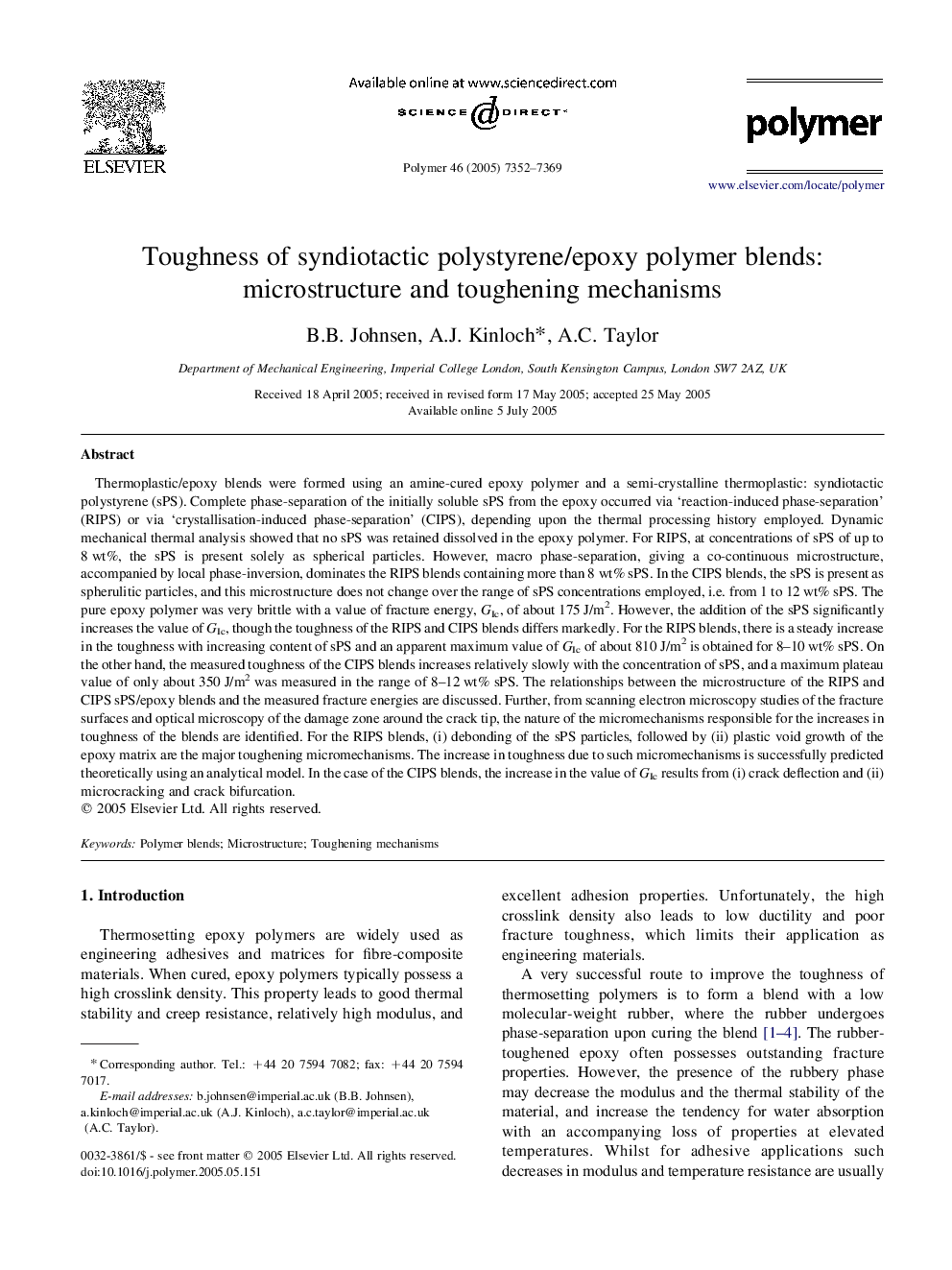 Toughness of syndiotactic polystyrene/epoxy polymer blends: microstructure and toughening mechanisms