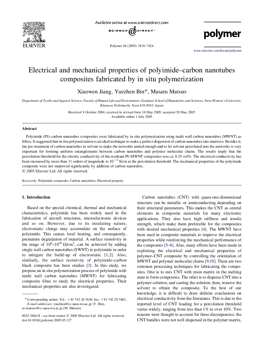 Electrical and mechanical properties of polyimide-carbon nanotubes composites fabricated by in situ polymerization