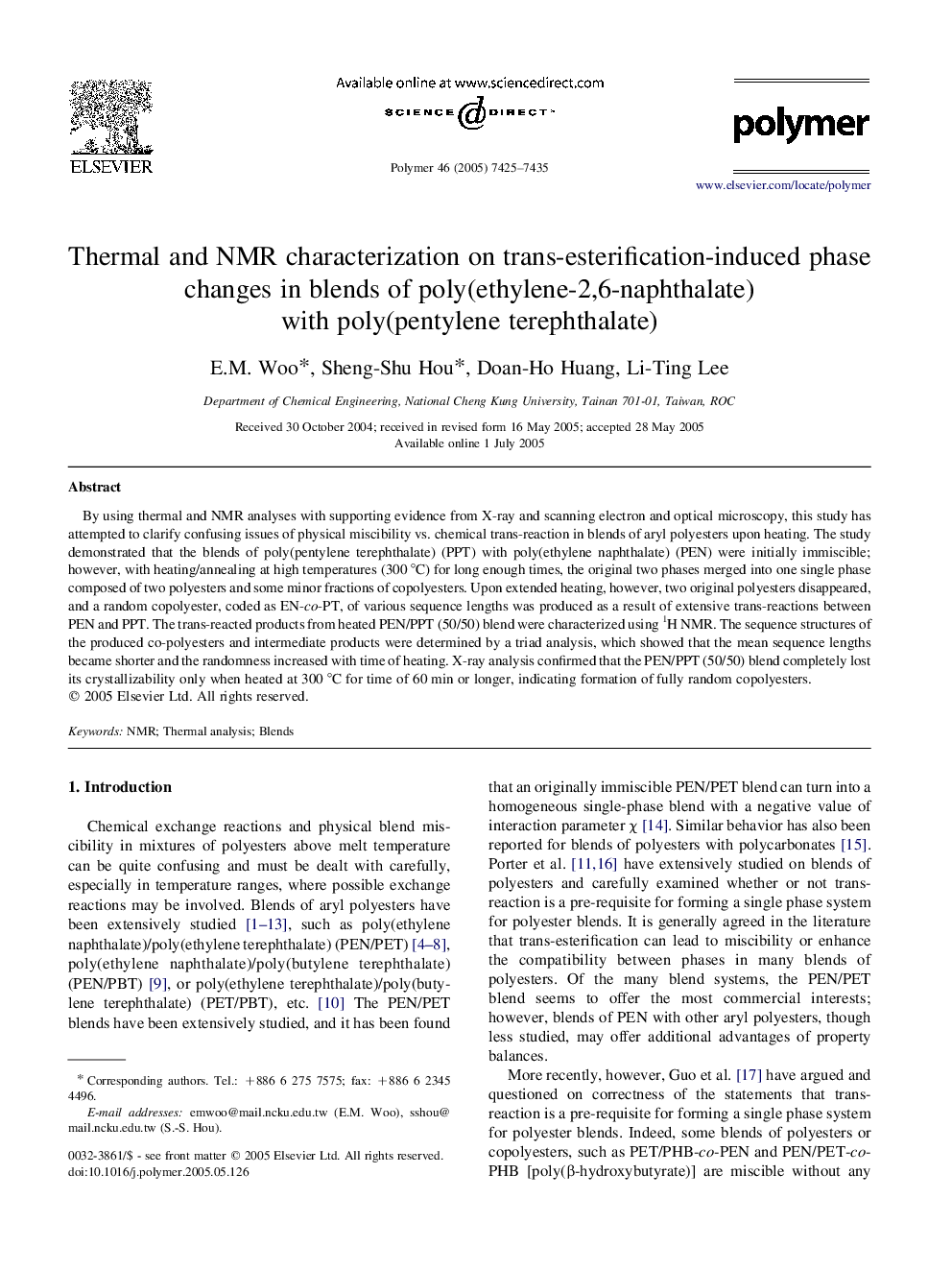 Thermal and NMR characterization on trans-esterification-induced phase changes in blends of poly(ethylene-2,6-naphthalate) with poly(pentylene terephthalate)