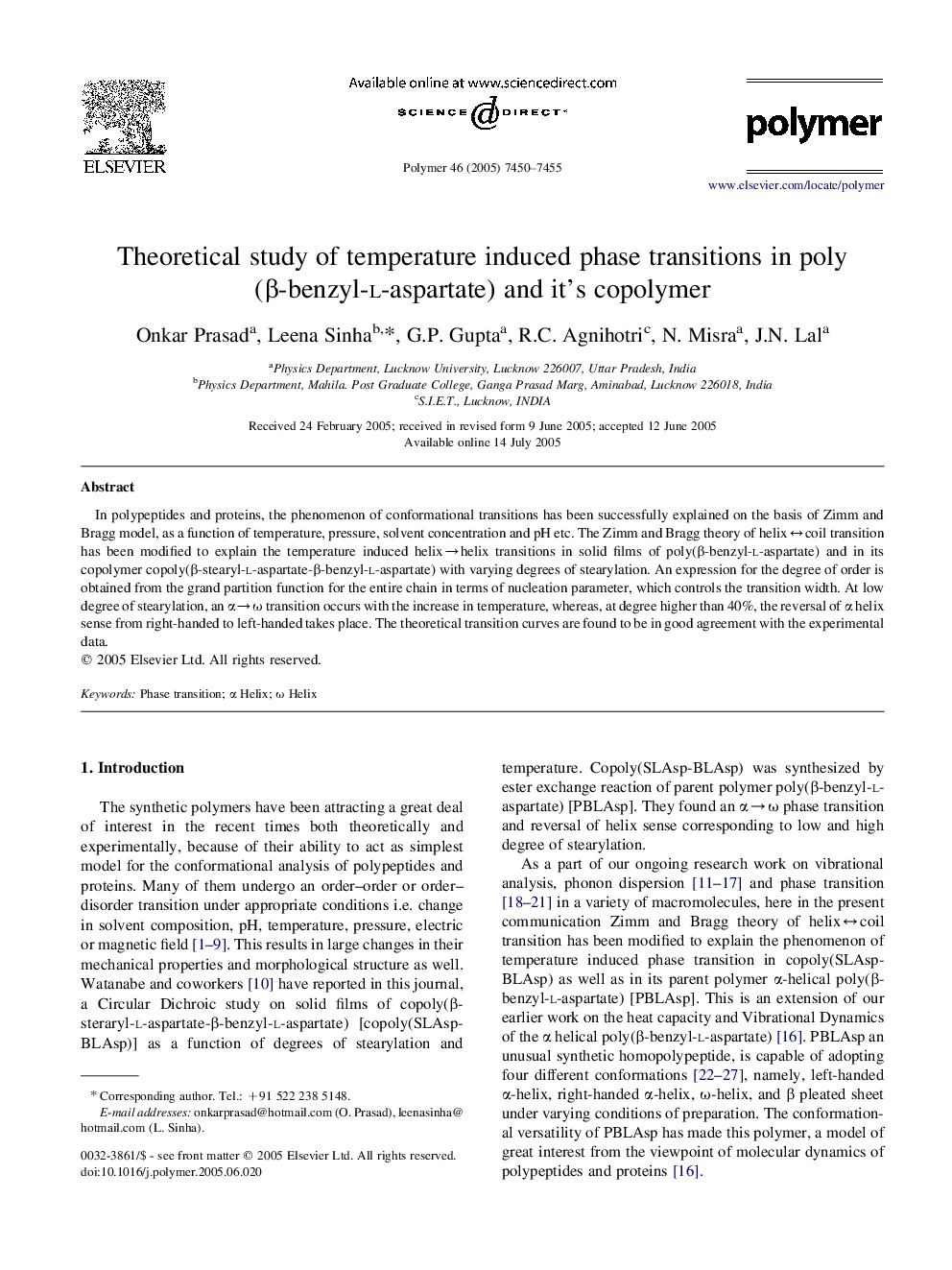 Theoretical study of temperature induced phase transitions in poly(Î²-benzyl-l-aspartate) and it's copolymer