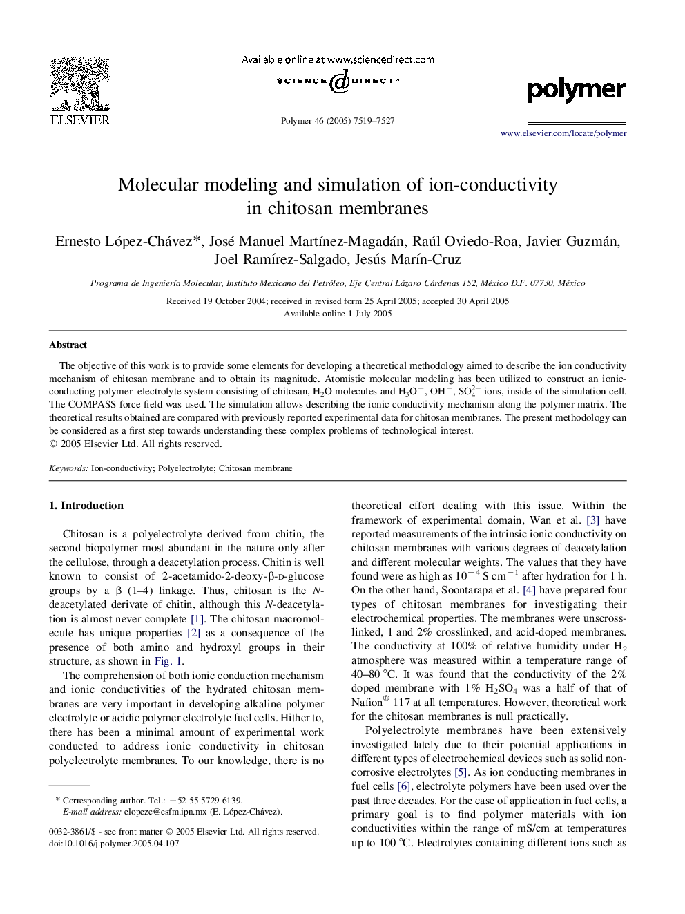 Molecular modeling and simulation of ion-conductivity in chitosan membranes