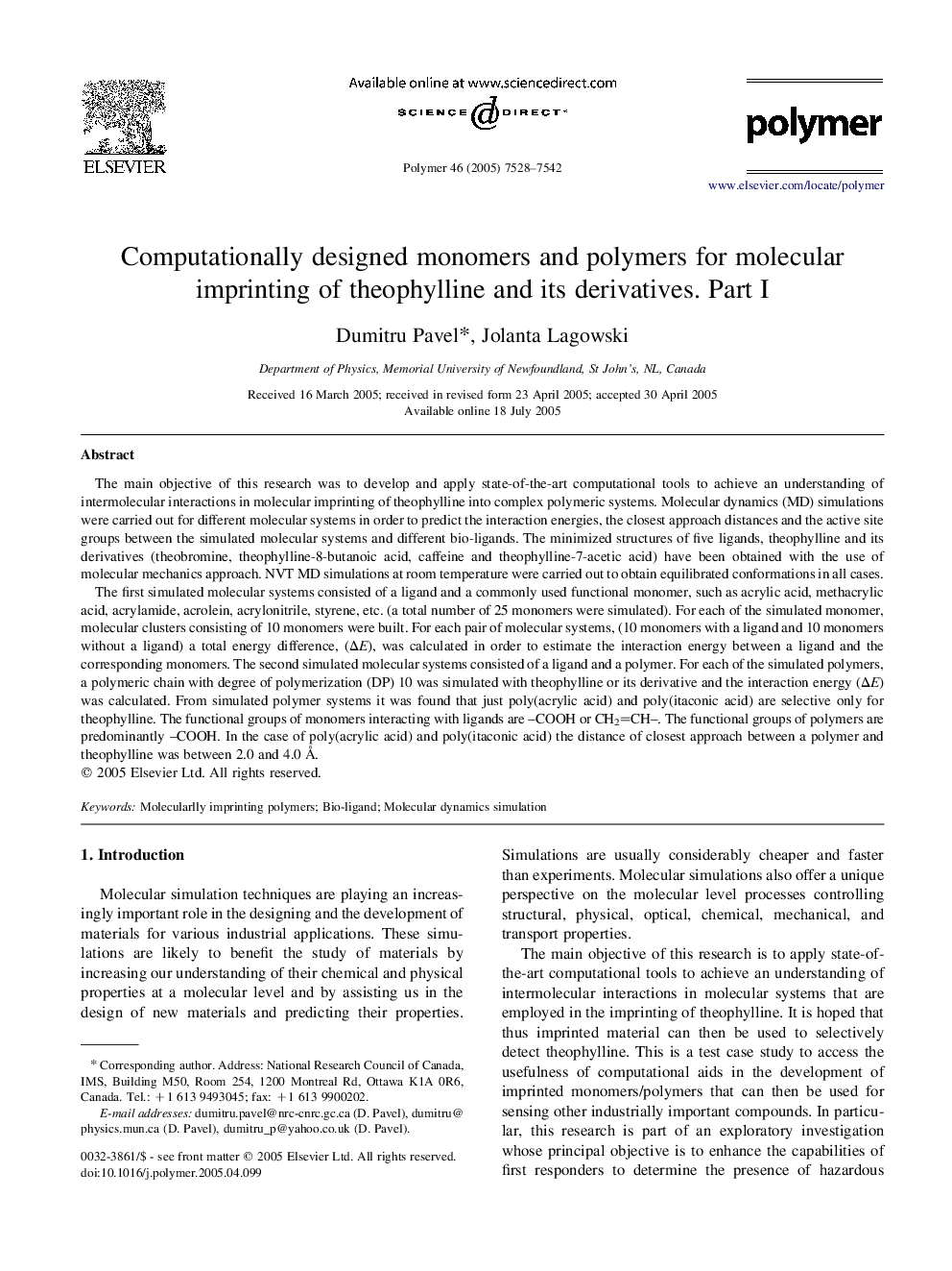 Computationally designed monomers and polymers for molecular imprinting of theophylline and its derivatives. Part I