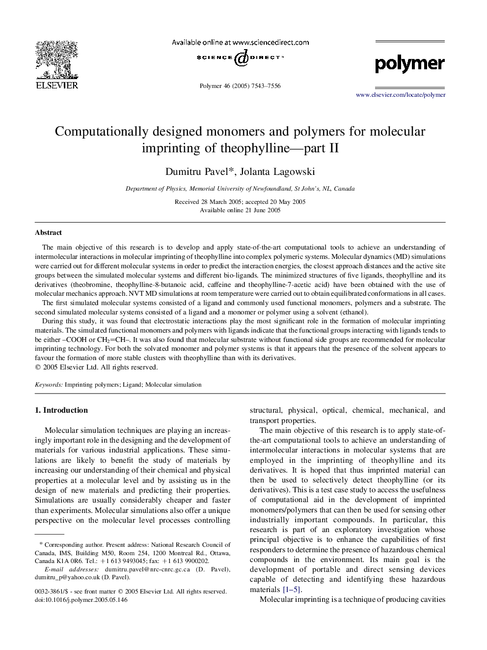 Computationally designed monomers and polymers for molecular imprinting of theophylline-part II