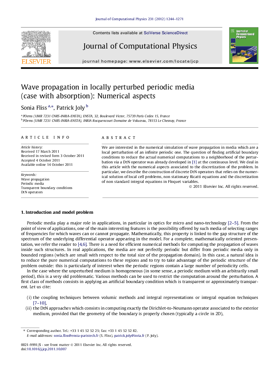 Wave propagation in locally perturbed periodic media (case with absorption): Numerical aspects