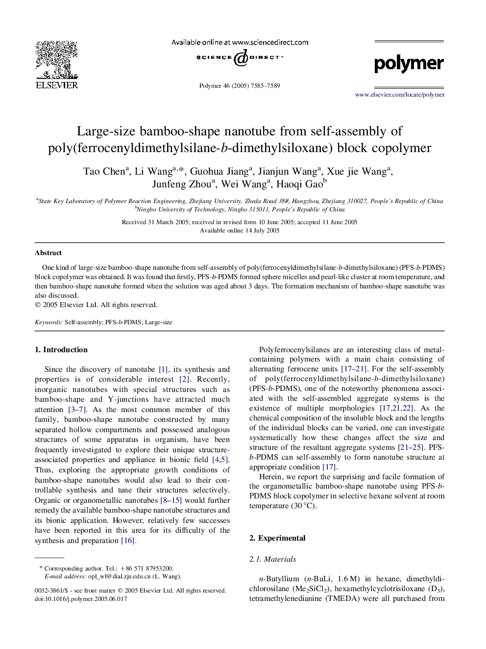 Large-size bamboo-shape nanotube from self-assembly of poly(ferrocenyldimethylsilane-b-dimethylsiloxane) block copolymer