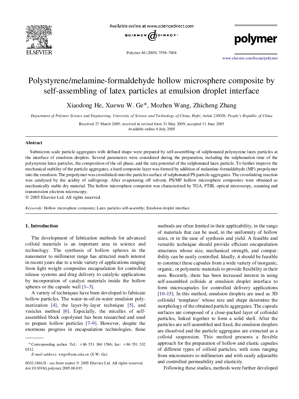 Polystyrene/melamine-formaldehyde hollow microsphere composite by self-assembling of latex particles at emulsion droplet interface