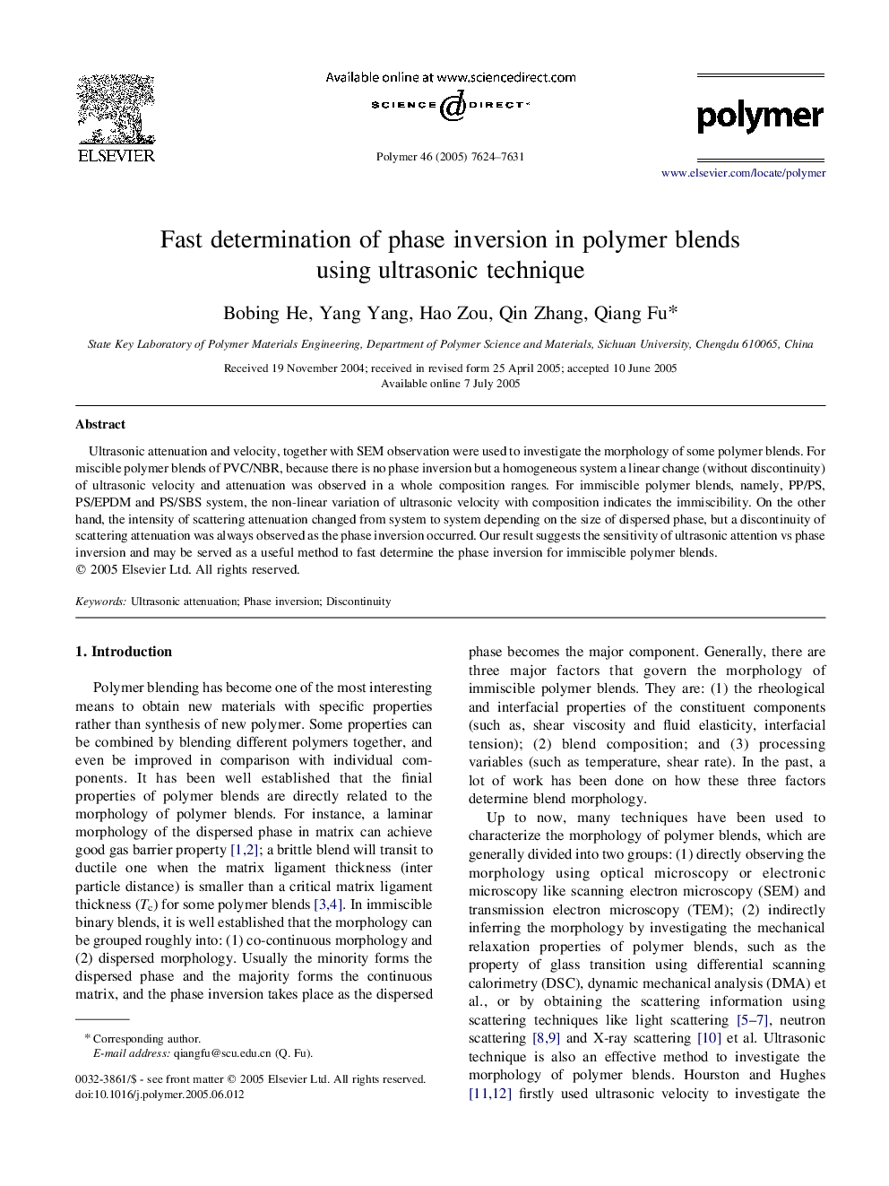 Fast determination of phase inversion in polymer blends using ultrasonic technique