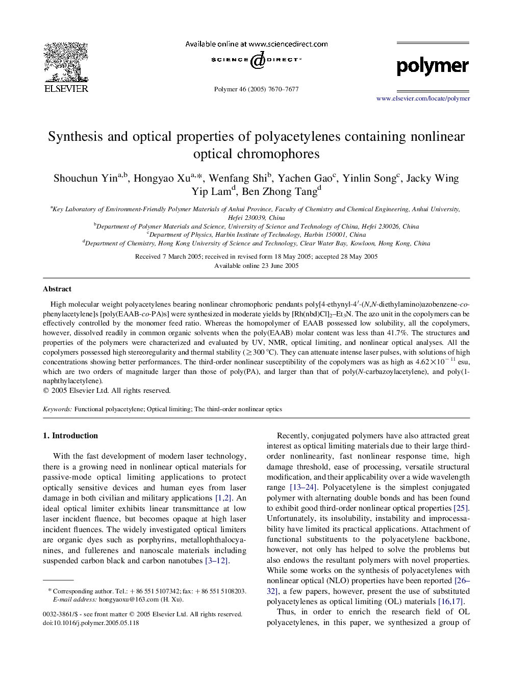 Synthesis and optical properties of polyacetylenes containing nonlinear optical chromophores