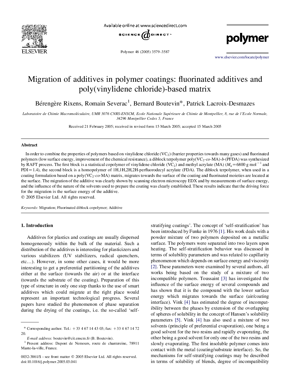 Migration of additives in polymer coatings: fluorinated additives and poly(vinylidene chloride)-based matrix