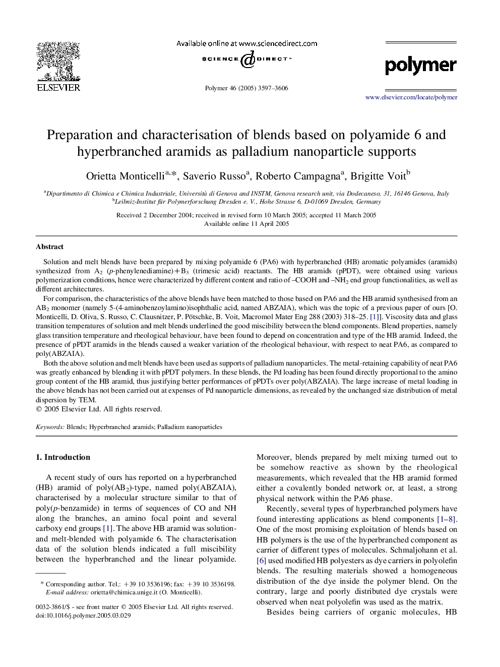 Preparation and characterisation of blends based on polyamide 6 and hyperbranched aramids as palladium nanoparticle supports