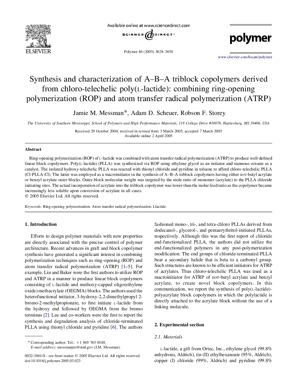 Synthesis and characterization of A-B-A triblock copolymers derived from chloro-telechelic poly(l-lactide): combining ring-opening polymerization (ROP) and atom transfer radical polymerization (ATRP)