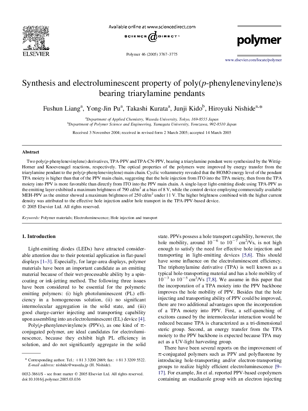 Synthesis and electroluminescent property of poly(p-phenylenevinylene)s bearing triarylamine pendants