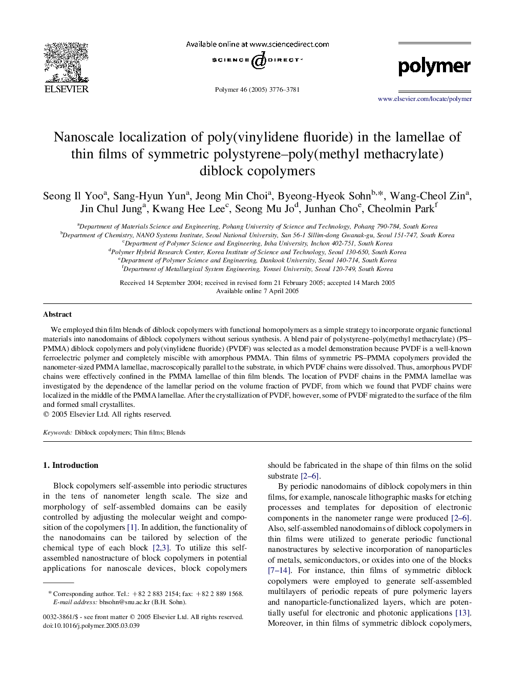 Nanoscale localization of poly(vinylidene fluoride) in the lamellae of thin films of symmetric polystyrene-poly(methyl methacrylate) diblock copolymers