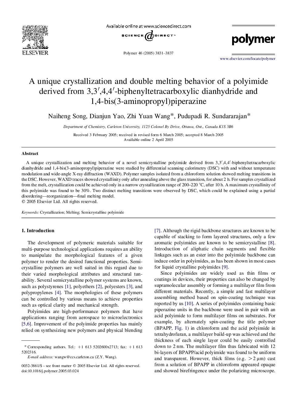 A unique crystallization and double melting behavior of a polyimide derived from 3,3â²,4,4â²-biphenyltetracarboxylic dianhydride and 1,4-bis(3-aminopropyl)piperazine