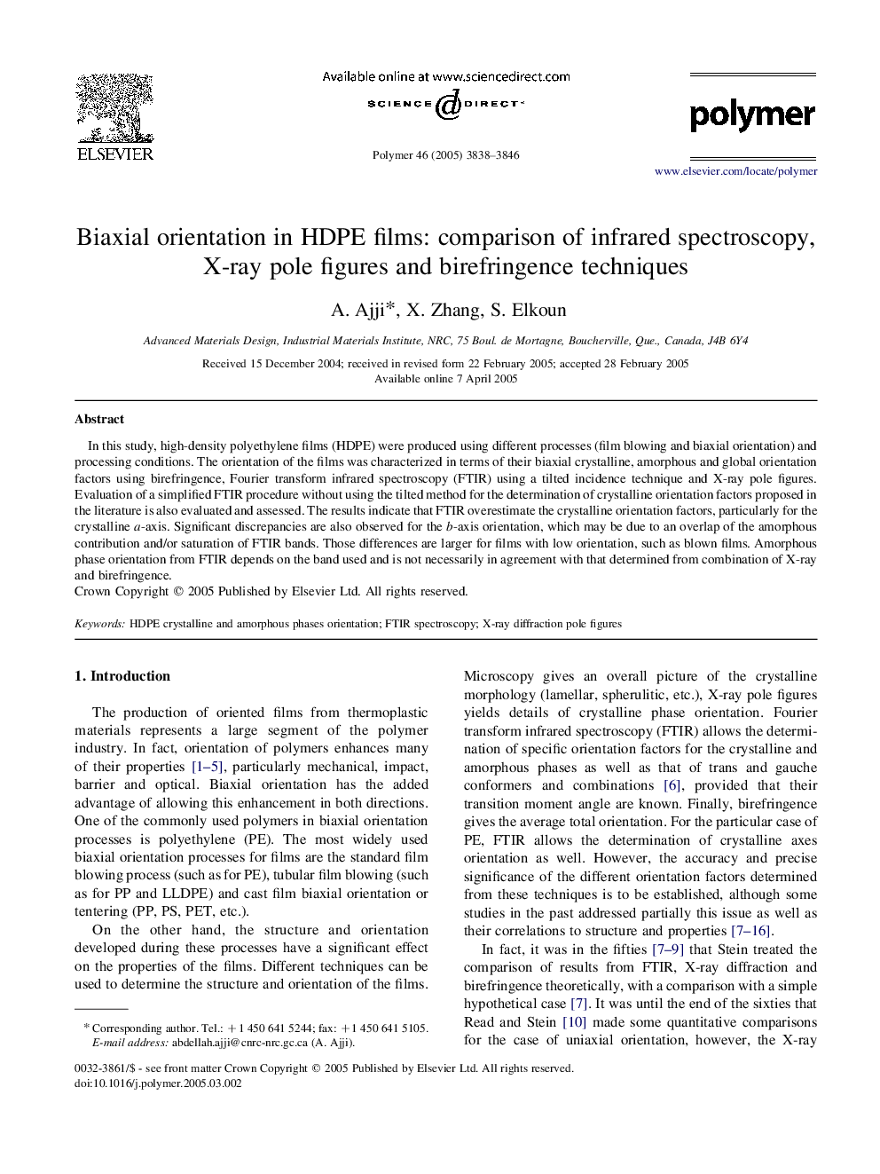 Biaxial orientation in HDPE films: comparison of infrared spectroscopy, X-ray pole figures and birefringence techniques