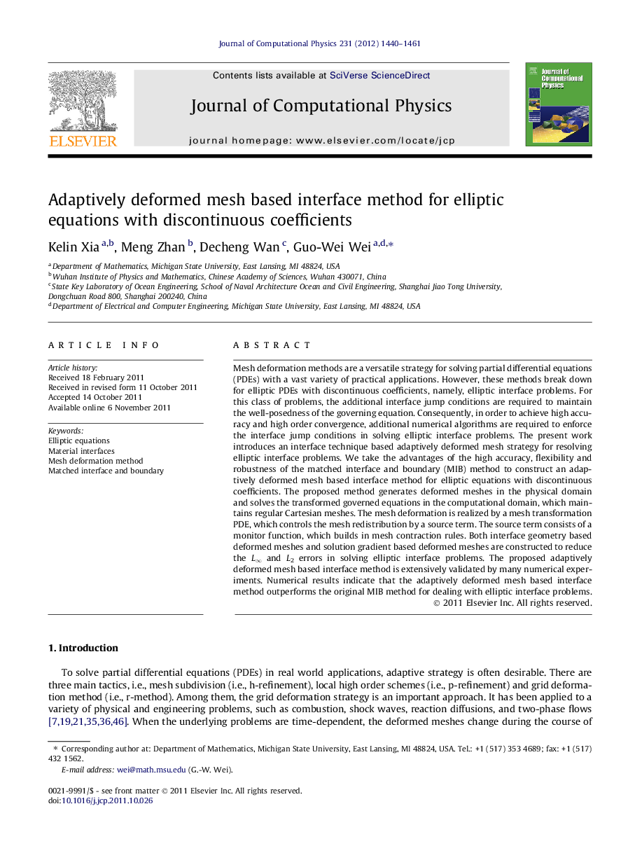 Adaptively deformed mesh based interface method for elliptic equations with discontinuous coefficients