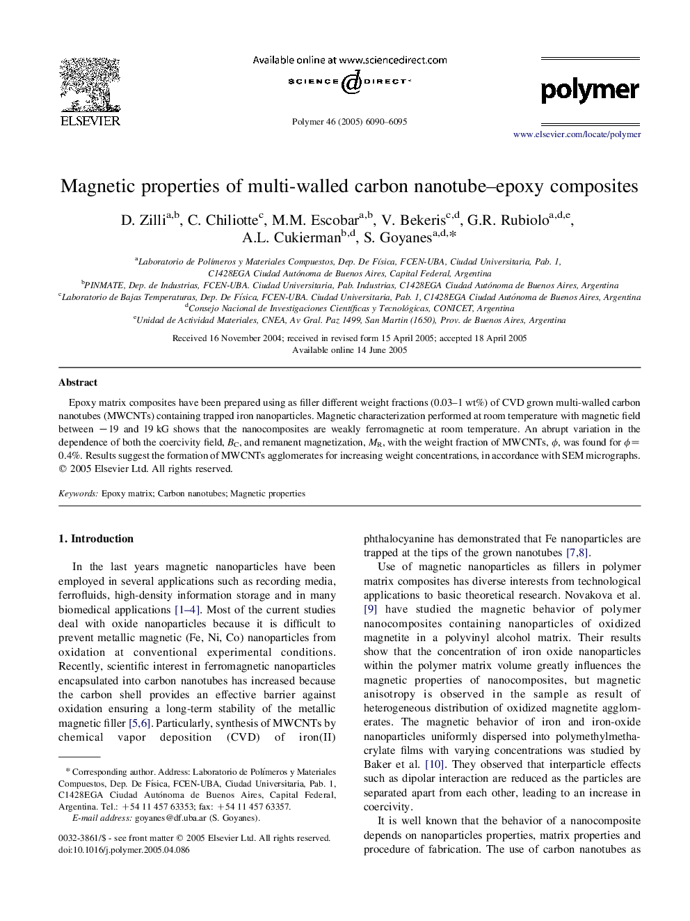 Magnetic properties of multi-walled carbon nanotube-epoxy composites