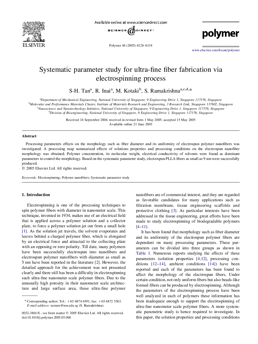 Systematic parameter study for ultra-fine fiber fabrication via electrospinning process