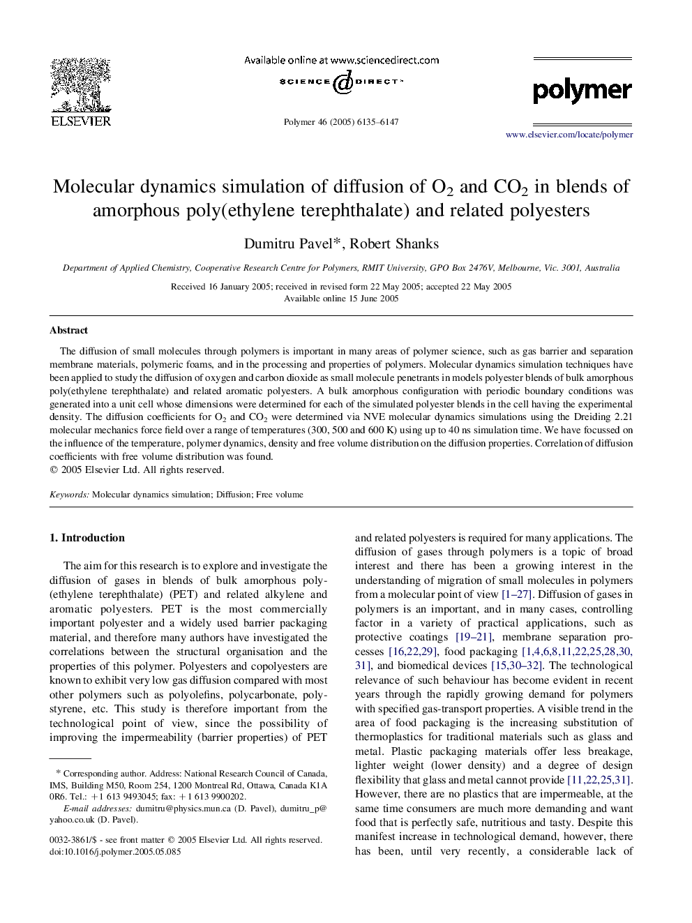Molecular dynamics simulation of diffusion of O2 and CO2 in blends of amorphous poly(ethylene terephthalate) and related polyesters