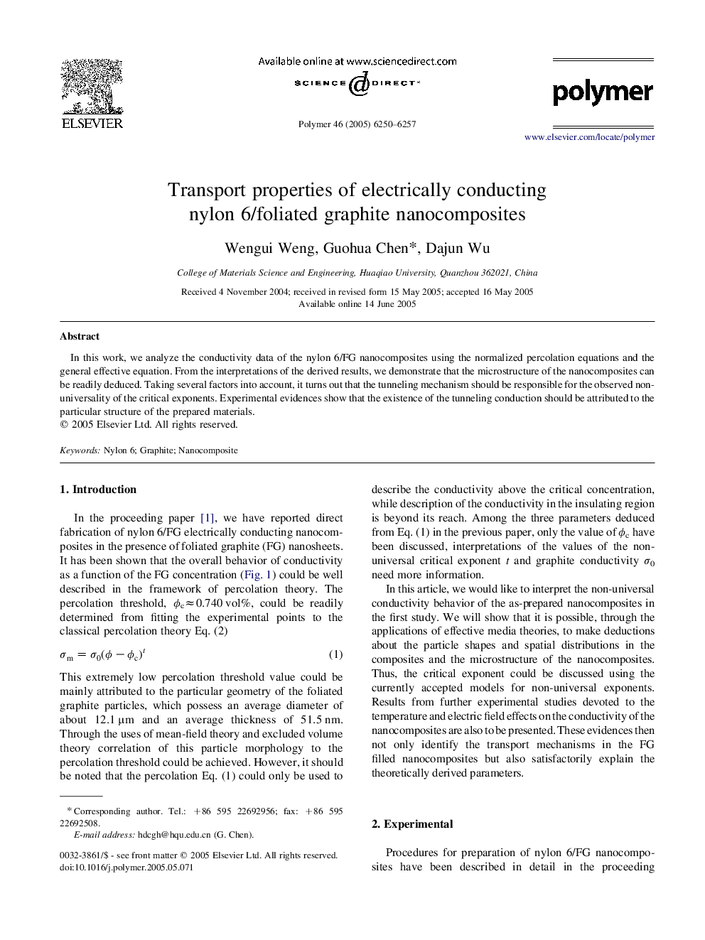 Transport properties of electrically conducting nylon 6/foliated graphite nanocomposites