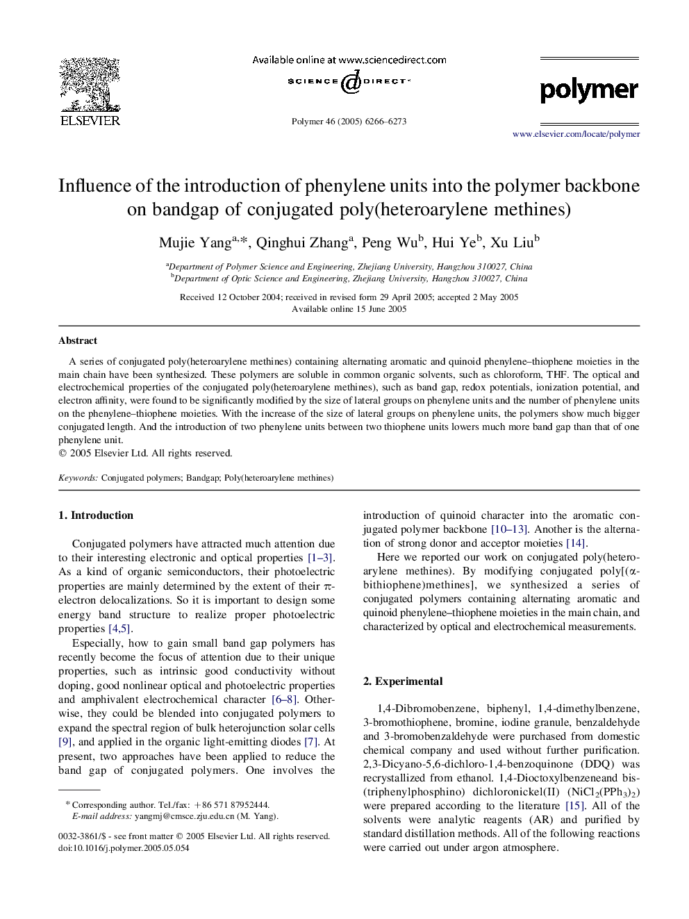 Influence of the introduction of phenylene units into the polymer backbone on bandgap of conjugated poly(heteroarylene methines)