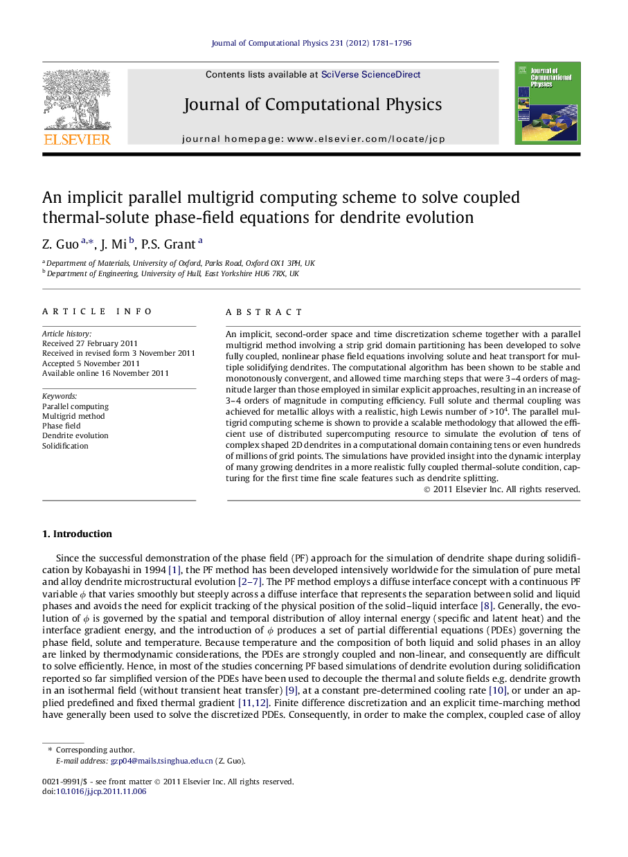 An implicit parallel multigrid computing scheme to solve coupled thermal-solute phase-field equations for dendrite evolution